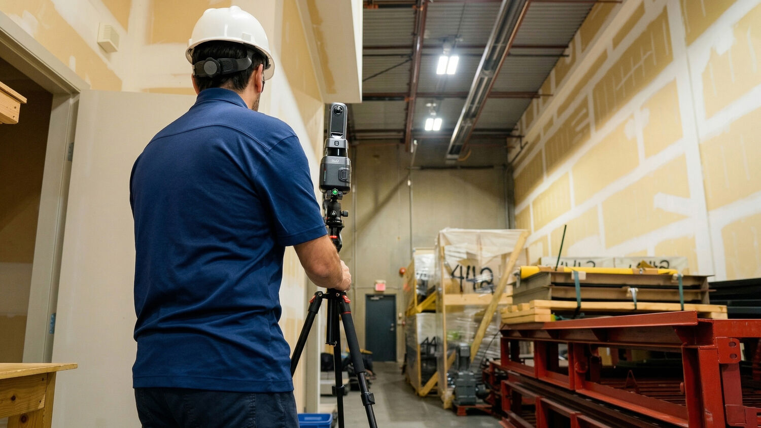 Operator in hard hat scanning commercial warehouse space with LiDAR scanner